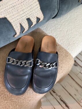 Vionic Black Leather Slip-On Mules with Silver Logo